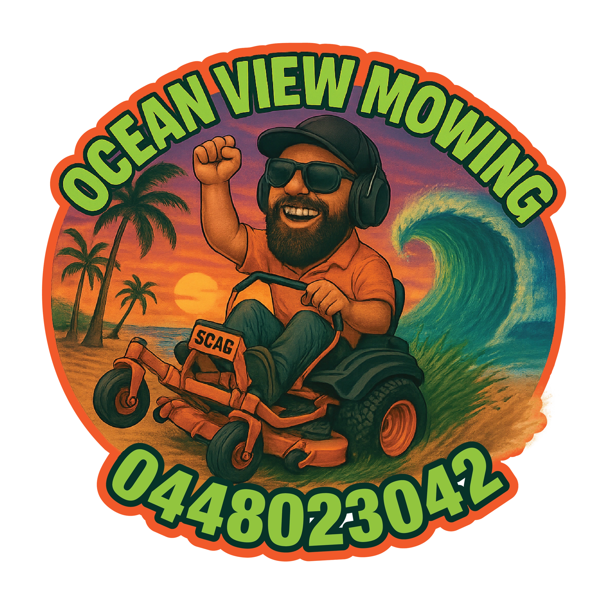 Ocean View Mowing brand badge — cartoon mower illustration