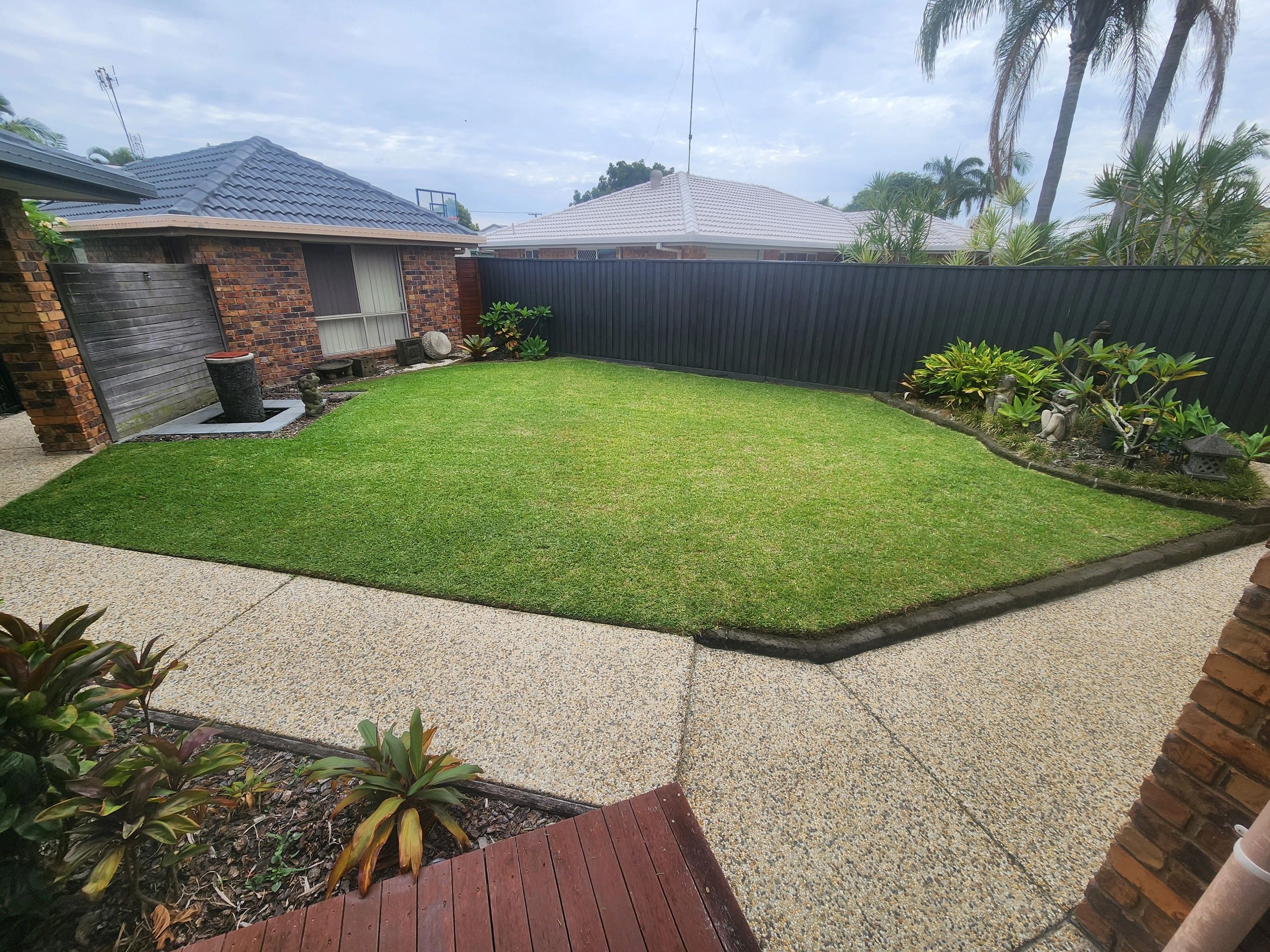 Backyard lawn with concrete paving