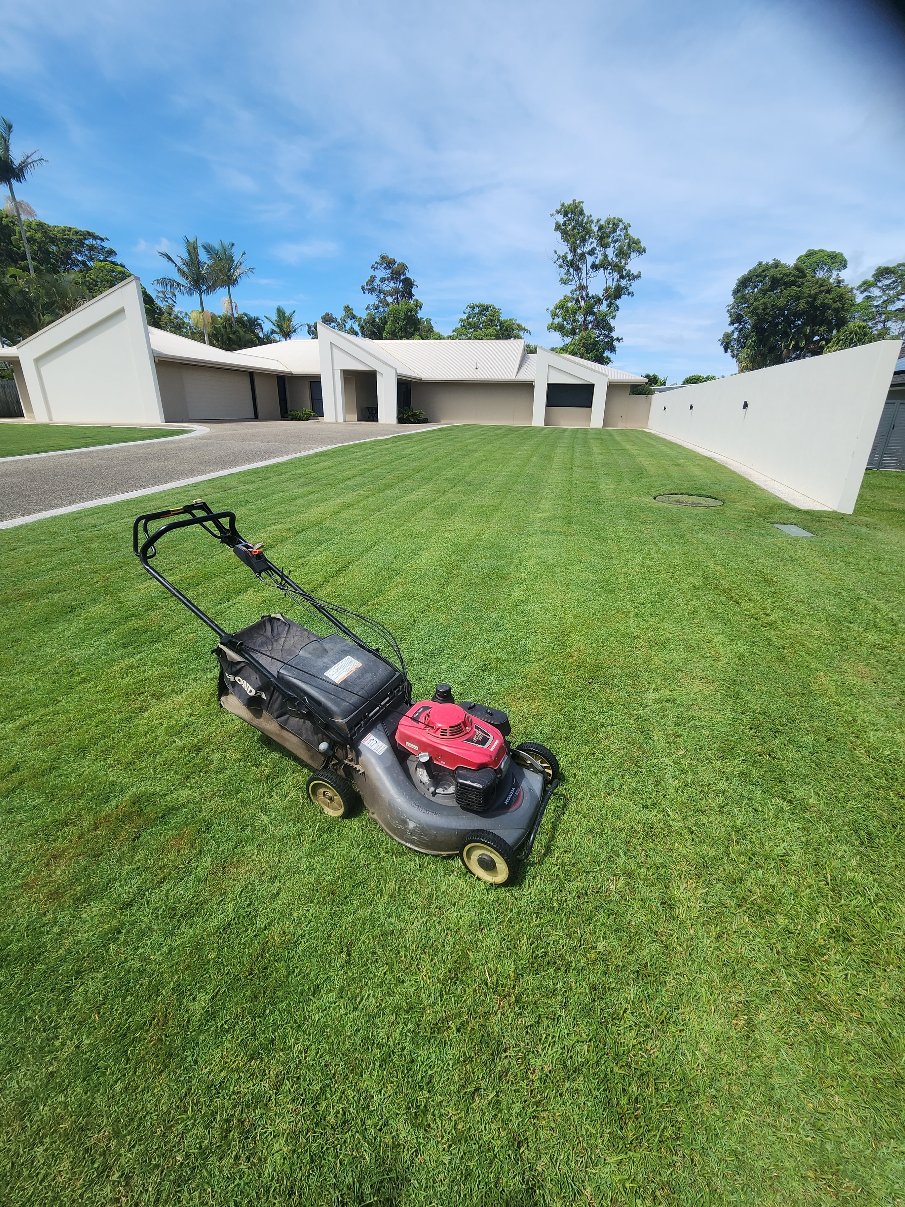 Honda mower on freshly cut lawn beside white home
